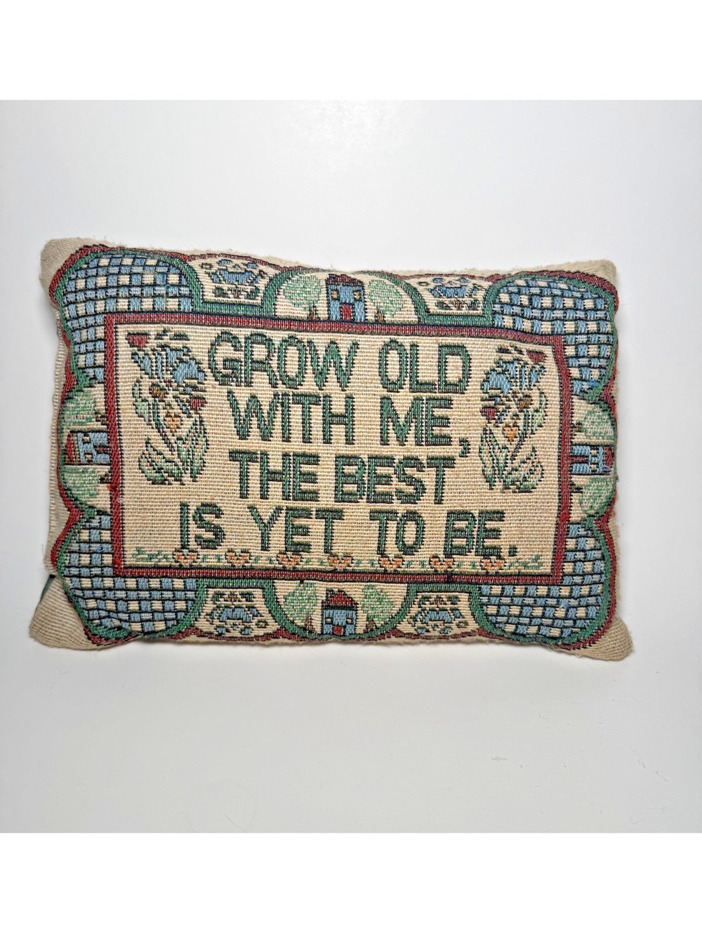 Vintage Sentiment Woven Decorative Pillow 'Grow Old With Me' Rectangular 11x7
